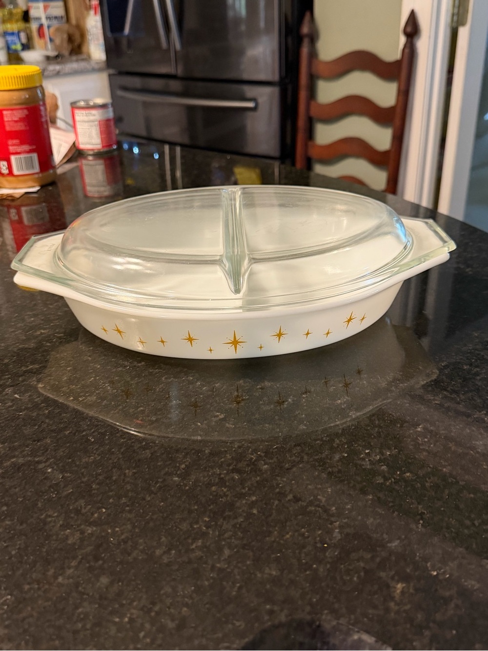 Pyrex White Divided Casserole Dish with Gold Star Motif and Clear Lid